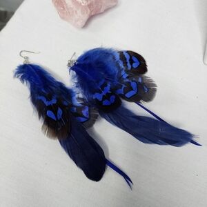 Boho Long Royal Blue Real Feather Earrings
